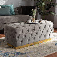 Baxton Studio WS-4228-Grey Velvet/Gold-Otto Corrine Glam and Luxe Grey Velvet Fabric Upholstered and Gold PU Leather Ottoman